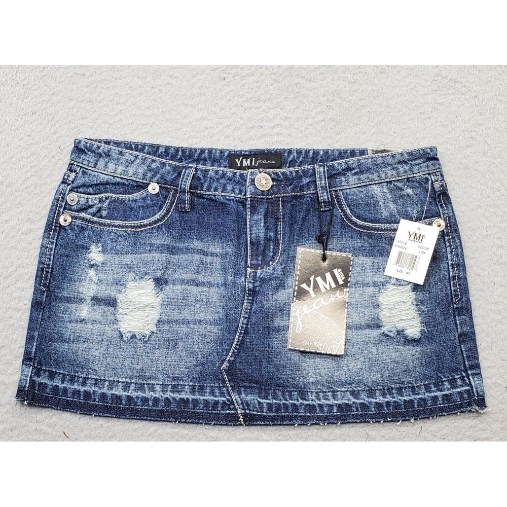 YMI Jeans Mini Skirt Womens 7 Blue Perfect Fit Distressed Released Hem 5-Pockets